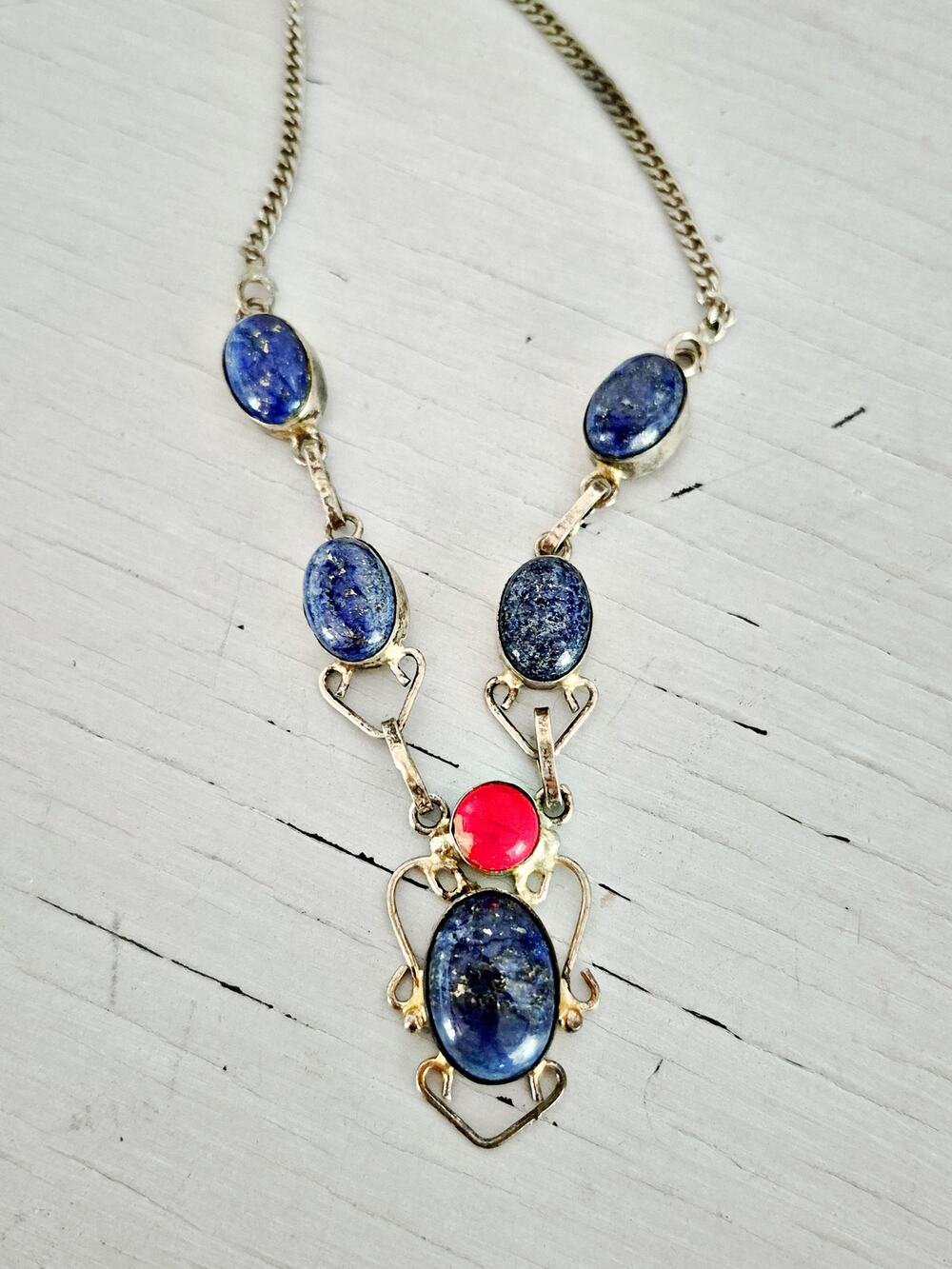 Vintage Sterling Silver Lapis Lazuli and Coral Necklace